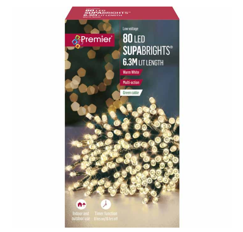 80 Multi Action LED Supabrights Timer Warm White LED Lights