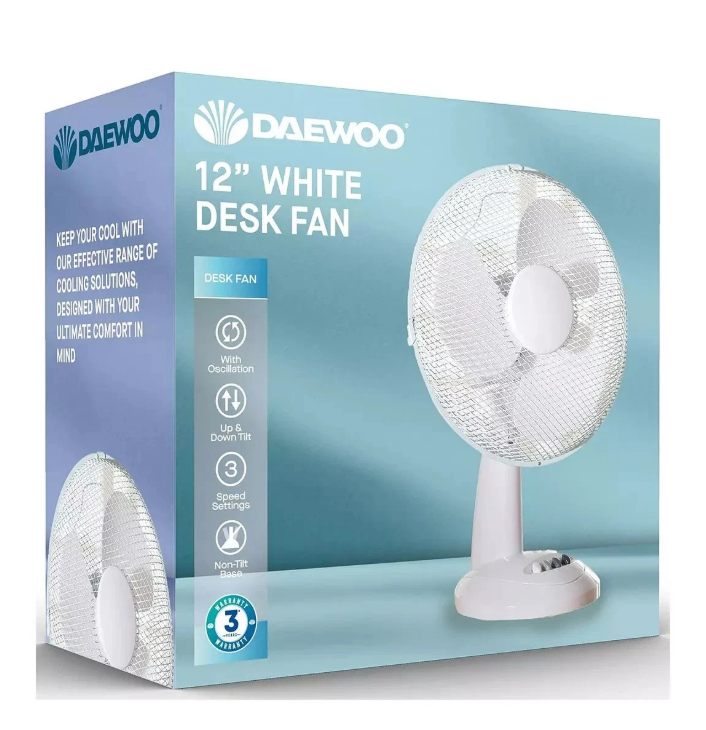 Daewoo 12" Oscillating 3 Speed Desk Fan