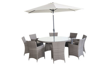 Orleans rattan 6 seater dining online set inc parasol in natural